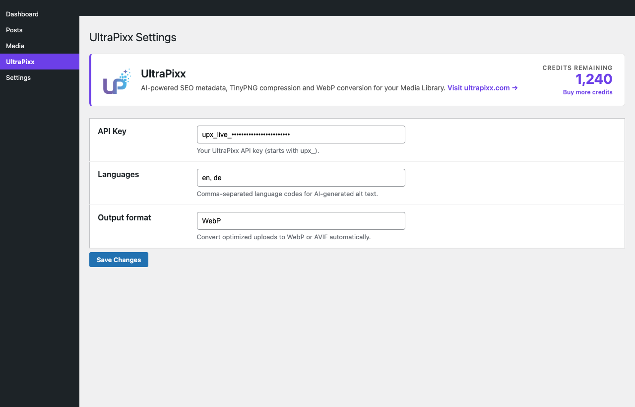 UltraPixx WordPress plugin settings with API key, languages, and live credit balance